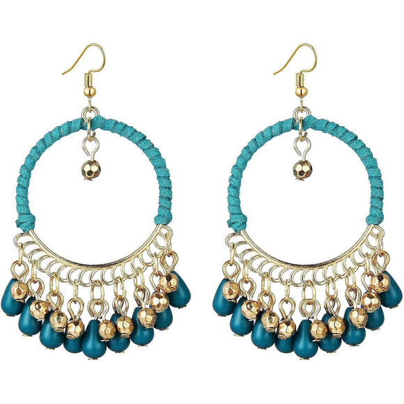 Woven Bohemian Tasseled Earrings In Teal - Picture 1 of 6